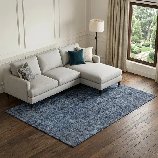 Blue And Charcoal Damask Washable Area Rug With UV Protection Photo 1