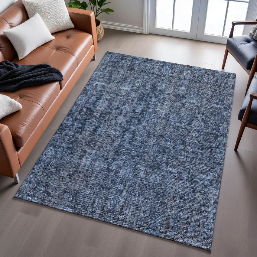 Blue And Charcoal Damask Washable Area Rug With UV Protection Photo 5