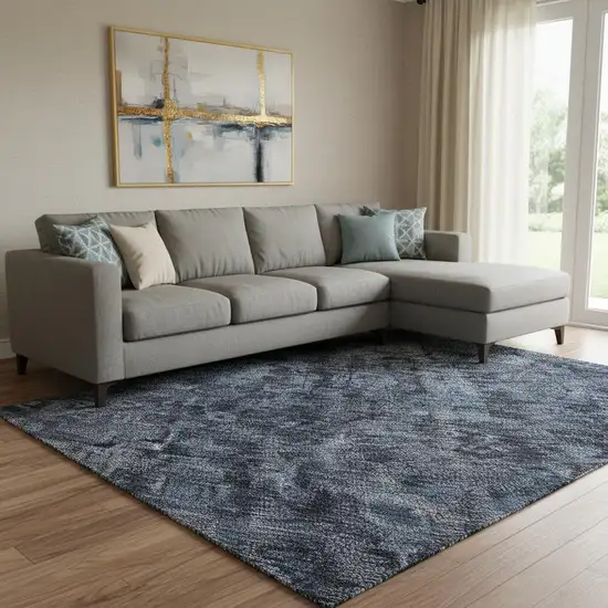 Blue And Charcoal Damask Washable Area Rug With UV Protection Photo 2