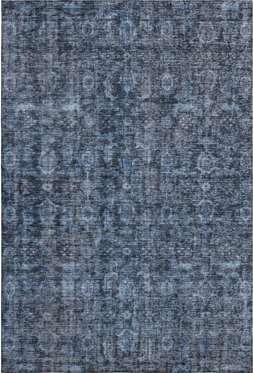 Blue And Charcoal Damask Washable Area Rug With UV Protection Photo 6