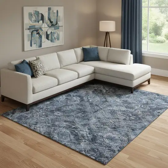 Blue And Charcoal Damask Washable Area Rug With UV Protection Photo 2