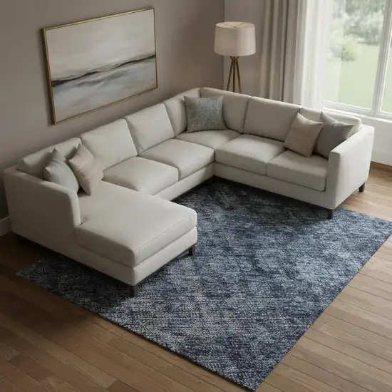 Blue And Charcoal Damask Washable Area Rug With UV Protection Photo 2