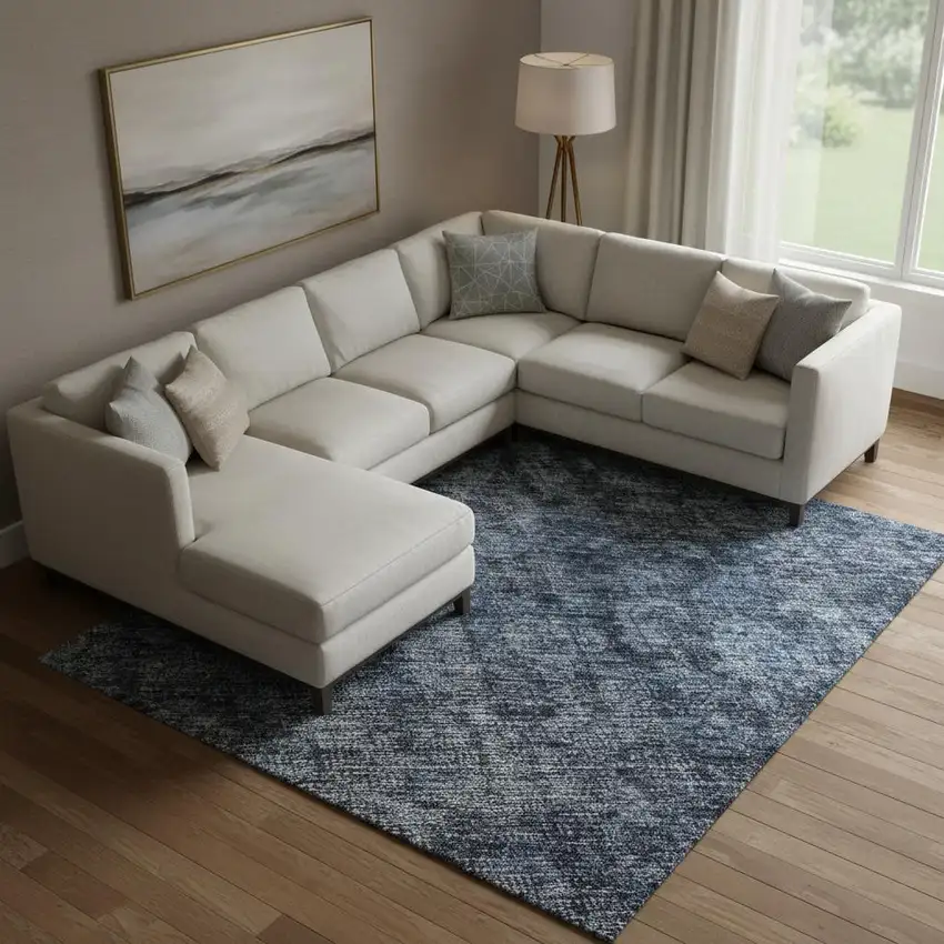 Blue And Charcoal Damask Washable Area Rug With UV Protection Photo 2