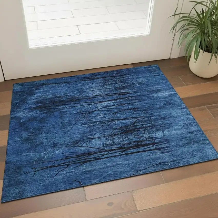 Blue And Charcoal Floral Washable Area Rug With UV Protection Photo 2