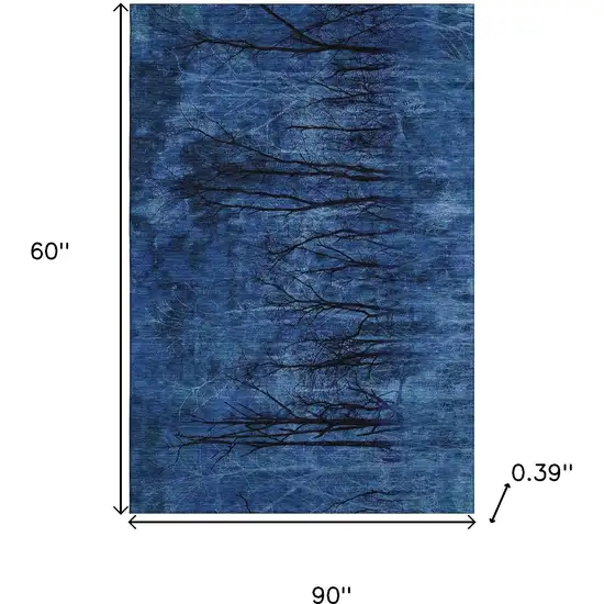 Blue And Charcoal Floral Washable Area Rug With UV Protection Photo 9