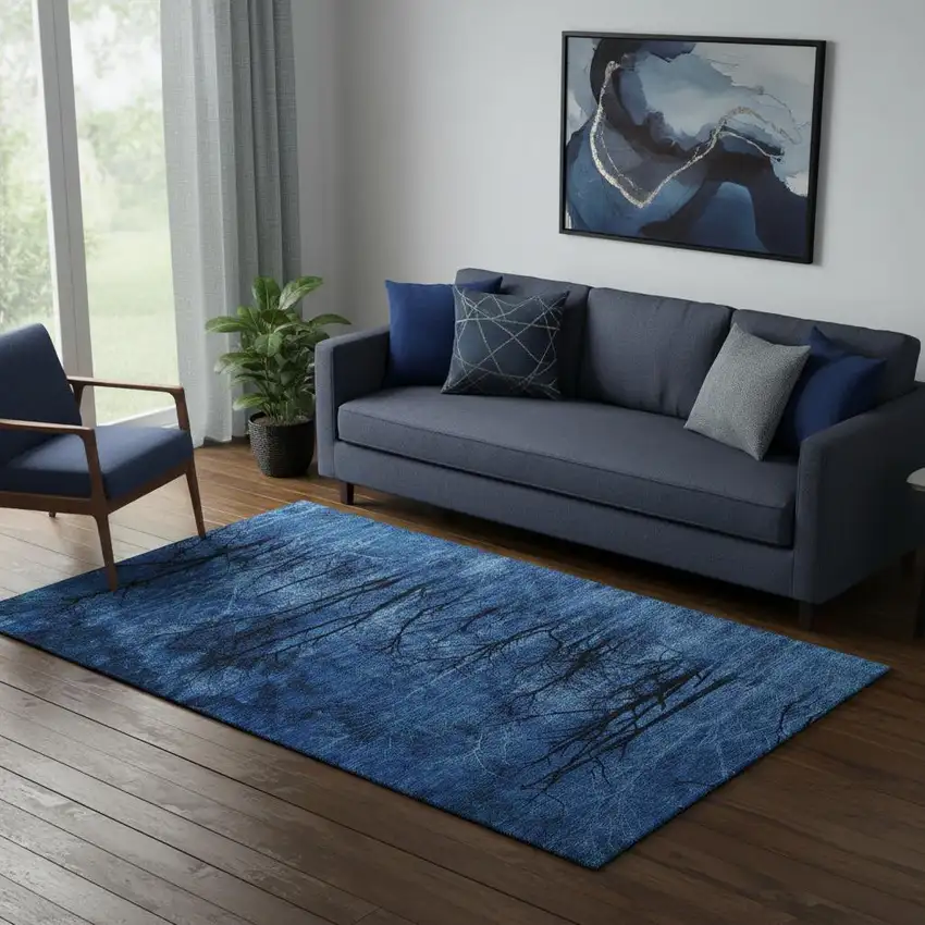 Blue And Charcoal Floral Washable Area Rug With UV Protection Photo 2
