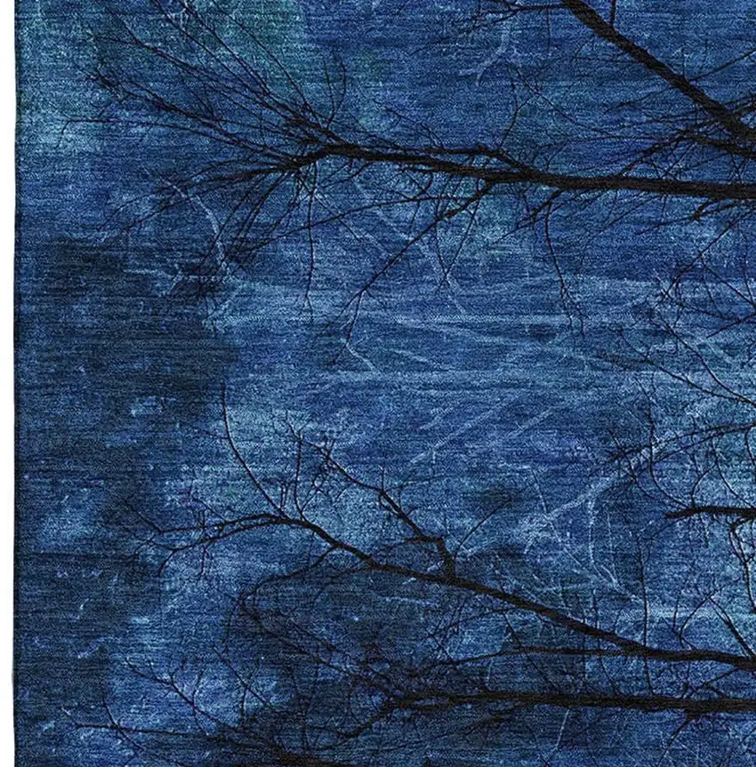 Blue And Charcoal Floral Washable Area Rug With UV Protection Photo 3