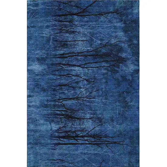 Blue And Charcoal Floral Washable Area Rug With UV Protection Photo 4