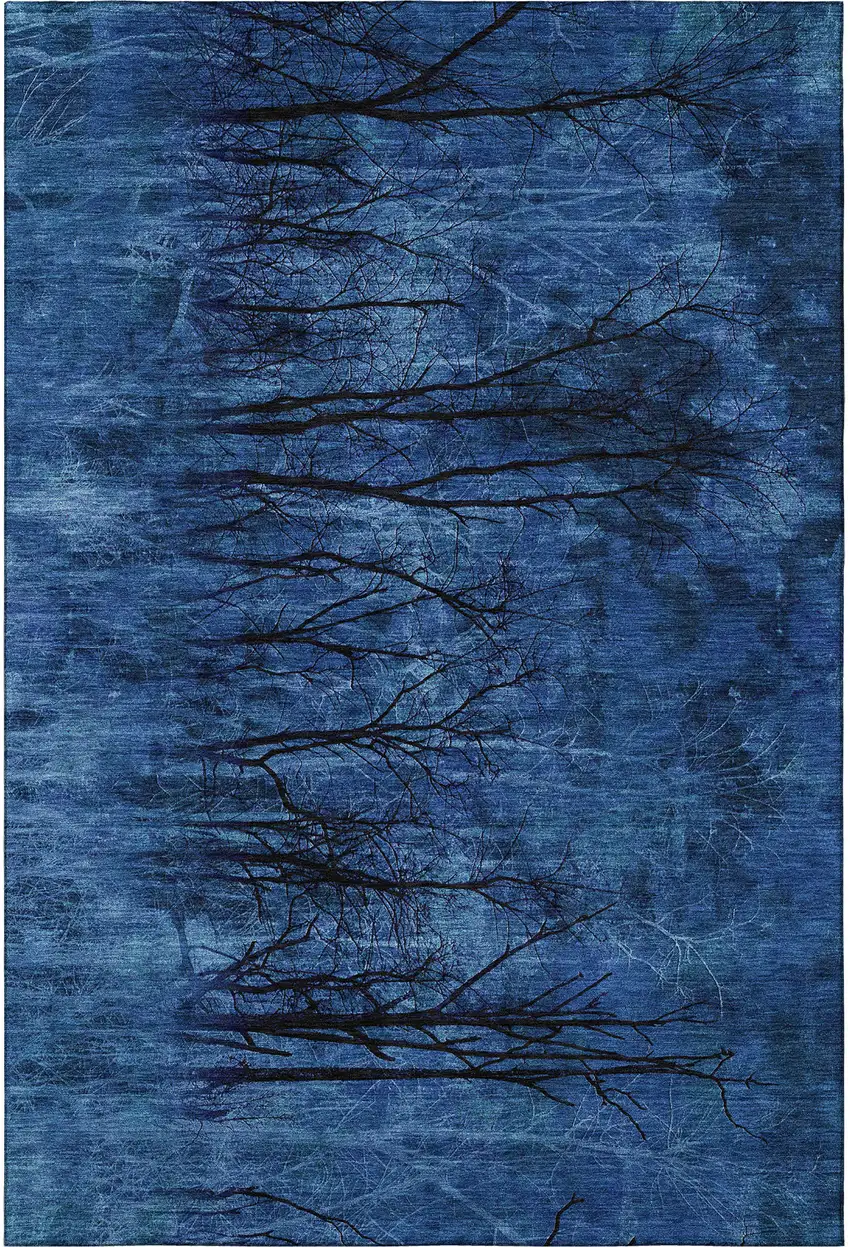 Blue And Charcoal Floral Washable Area Rug With UV Protection Photo 4