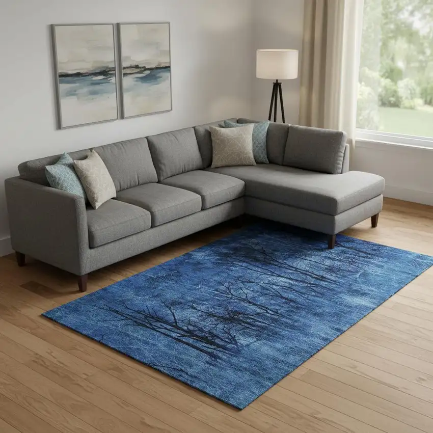 Blue And Charcoal Floral Washable Area Rug With UV Protection Photo 2