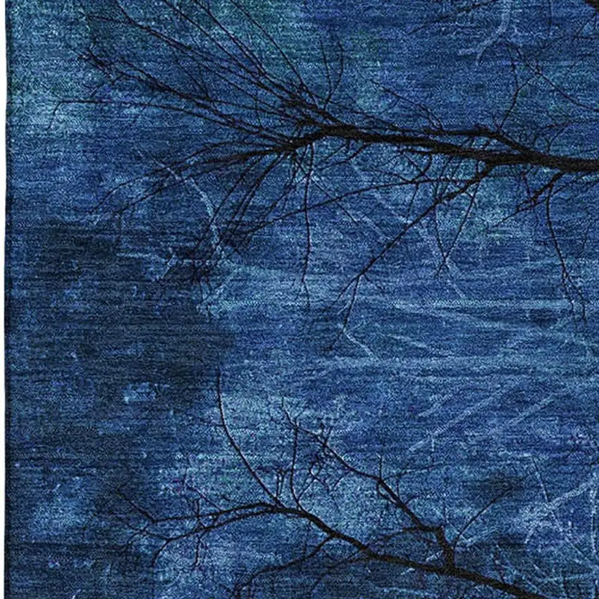 Blue And Charcoal Floral Washable Area Rug With UV Protection Photo 3