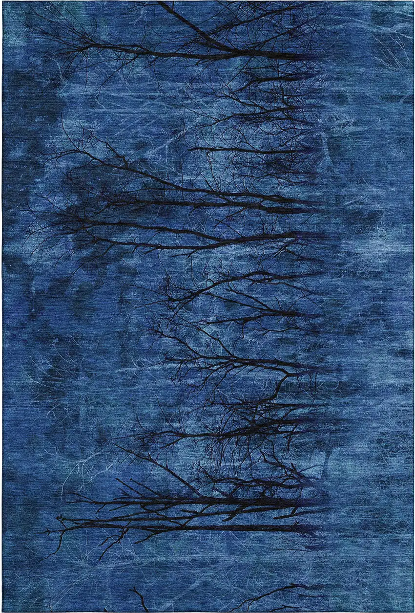 Blue And Charcoal Floral Washable Area Rug With UV Protection Photo 1