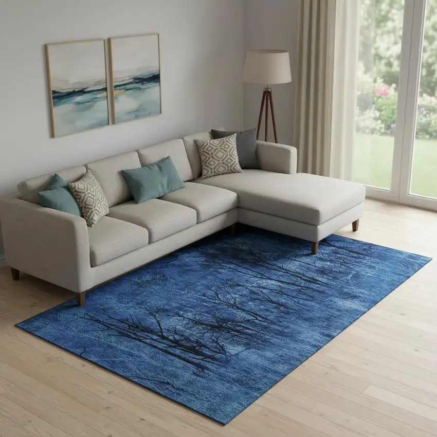 Blue And Charcoal Floral Washable Area Rug With UV Protection Photo 2