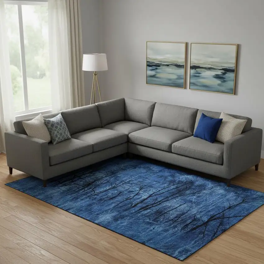 Blue And Charcoal Floral Washable Area Rug With UV Protection Photo 2