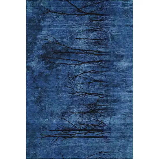 Blue And Charcoal Floral Washable Area Rug With UV Protection Photo 1