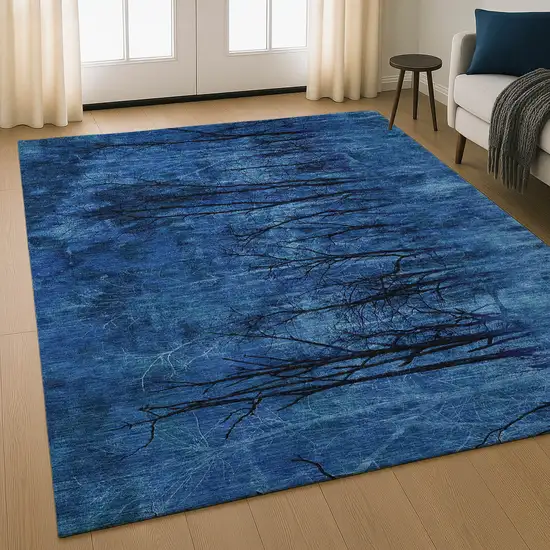 Blue And Charcoal Floral Washable Area Rug With UV Protection Photo 5