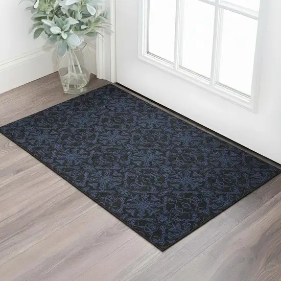 Blue And Charcoal Medallion Washable Area Rug With UV Protection Photo 2