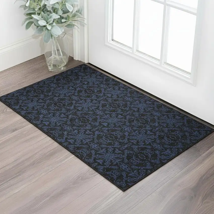 Blue And Charcoal Medallion Washable Area Rug With UV Protection Photo 2