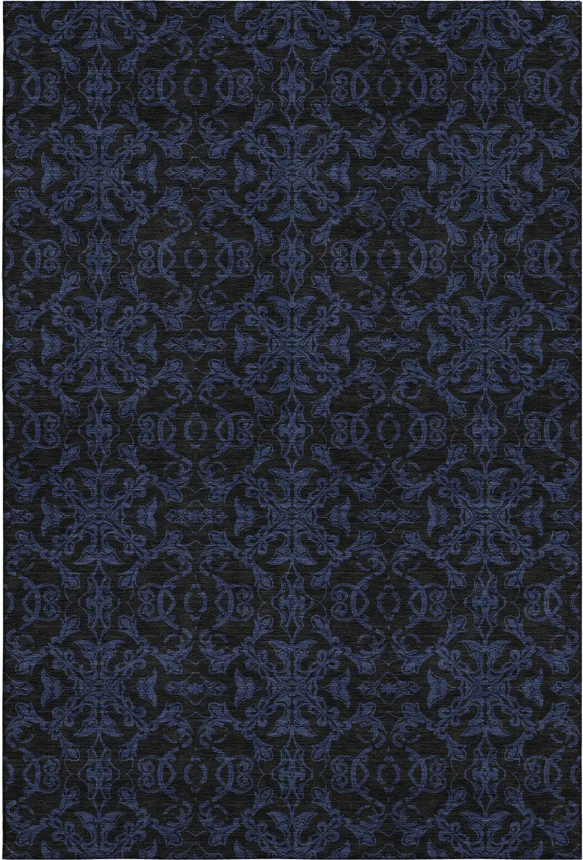 Blue And Charcoal Medallion Washable Area Rug With UV Protection Photo 1