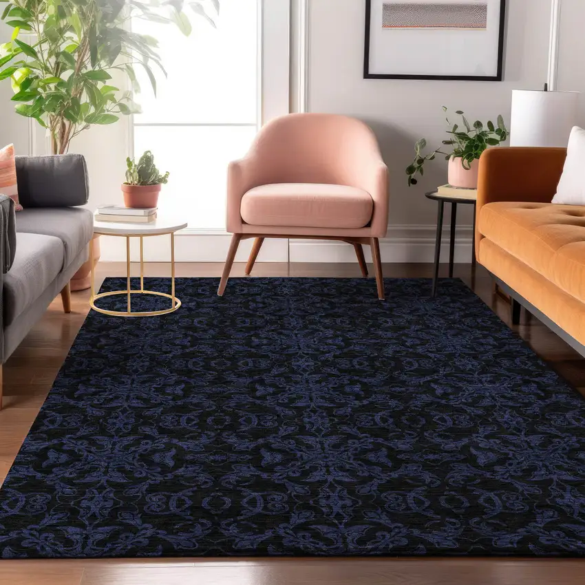 Blue And Charcoal Medallion Washable Area Rug With UV Protection Photo 5