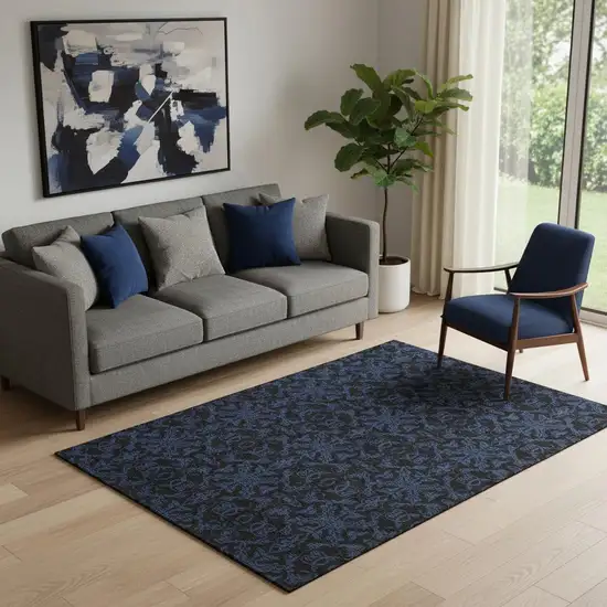 Blue And Charcoal Medallion Washable Area Rug With UV Protection Photo 1