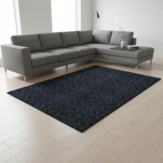 Blue And Charcoal Medallion Washable Area Rug With UV Protection Photo 2