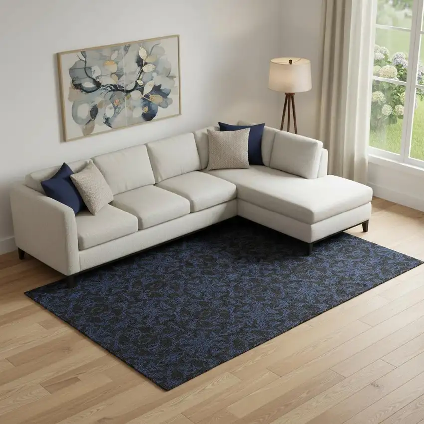 Blue And Charcoal Medallion Washable Area Rug With UV Protection Photo 1