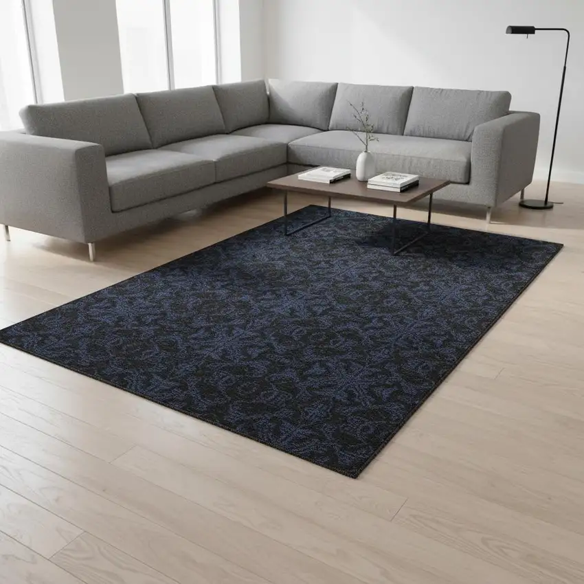 Blue And Charcoal Medallion Washable Area Rug With UV Protection Photo 2