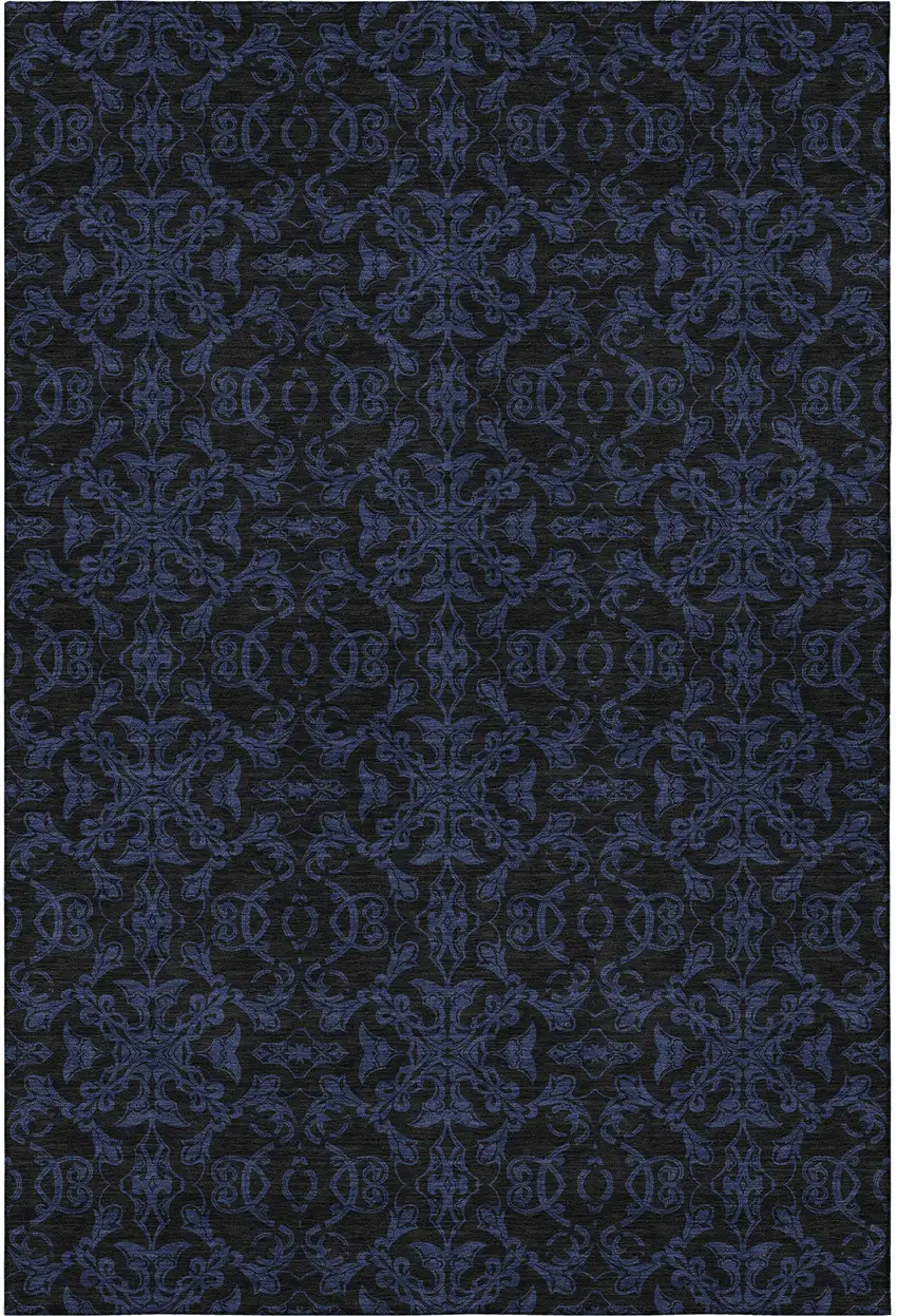 Blue And Charcoal Medallion Washable Area Rug With UV Protection Photo 4