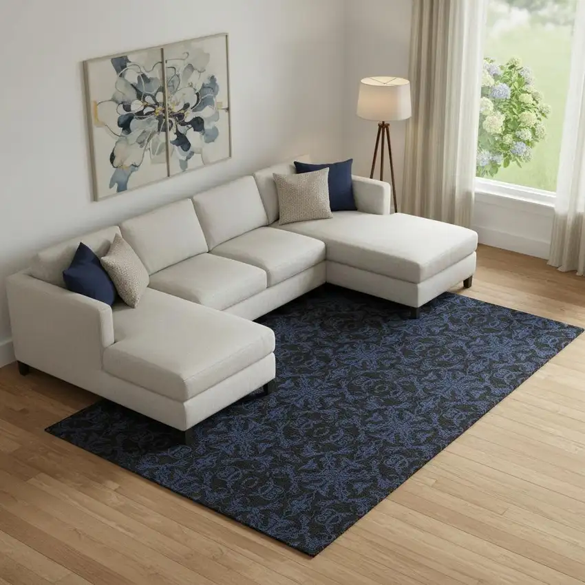 Blue And Charcoal Medallion Washable Area Rug With UV Protection Photo 1