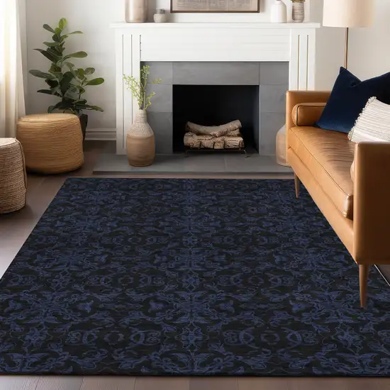 Blue And Charcoal Medallion Washable Area Rug With UV Protection Photo 6