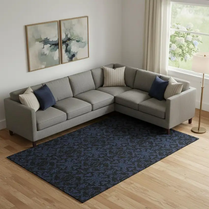 Blue And Charcoal Medallion Washable Area Rug With UV Protection Photo 1