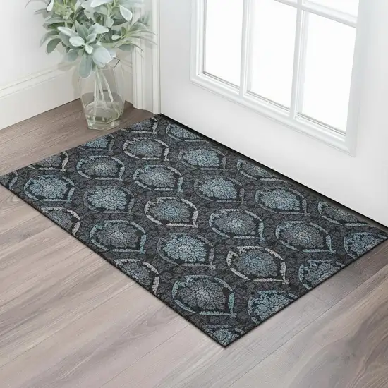 Blue And Charcoal Medallion Washable Area Rug With UV Protection Photo 1