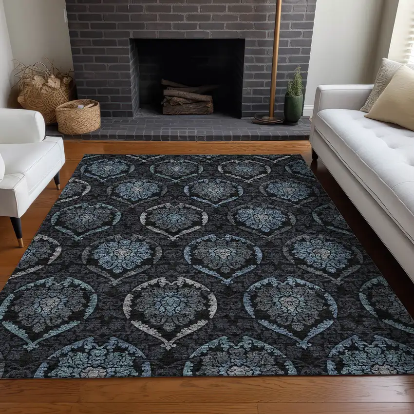 Blue And Charcoal Medallion Washable Area Rug With UV Protection Photo 5