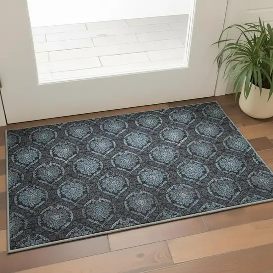 Blue And Charcoal Medallion Washable Area Rug With UV Protection Photo 2