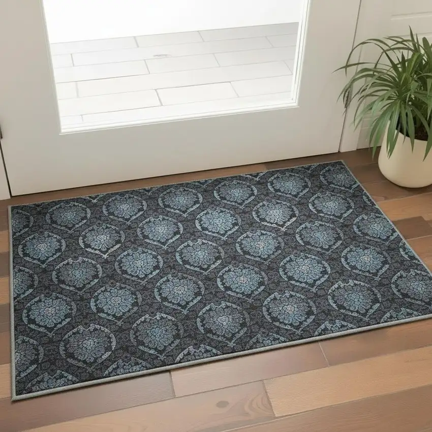 Blue And Charcoal Medallion Washable Area Rug With UV Protection Photo 2