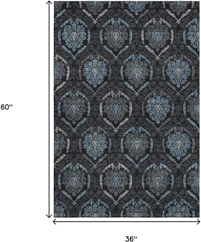 Blue And Charcoal Medallion Washable Area Rug With UV Protection Photo 3