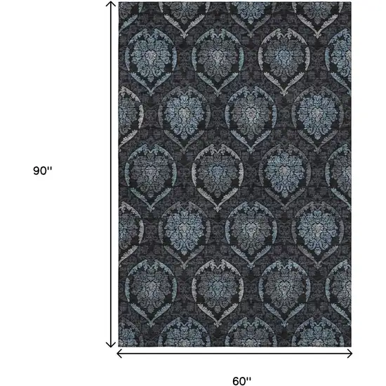 Blue And Charcoal Medallion Washable Area Rug With UV Protection Photo 3