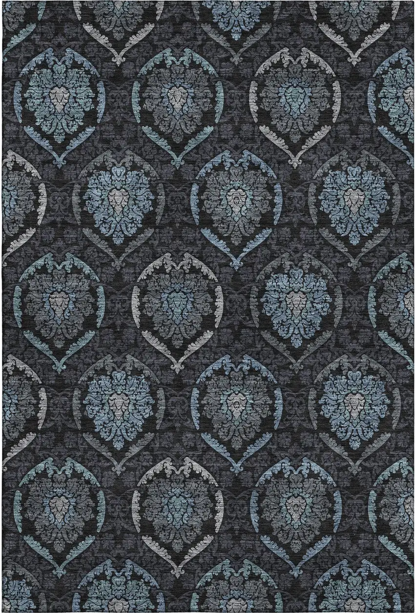 Blue And Charcoal Medallion Washable Area Rug With UV Protection Photo 1