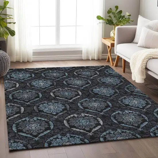 Blue And Charcoal Medallion Washable Area Rug With UV Protection Photo 6
