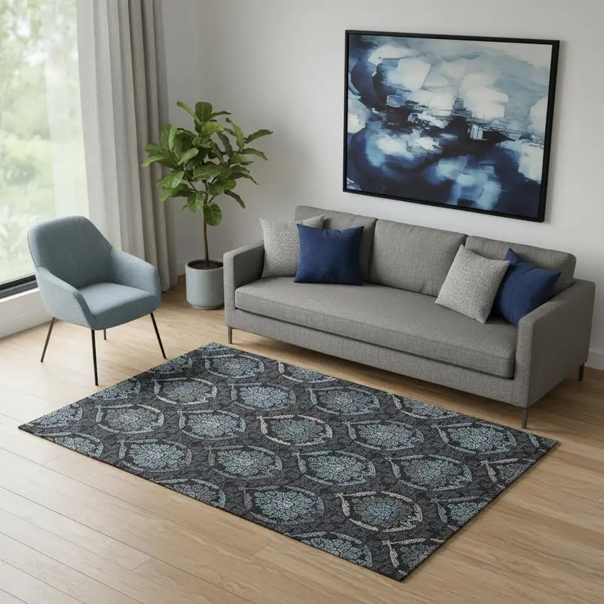 Blue And Charcoal Medallion Washable Area Rug With UV Protection Photo 1
