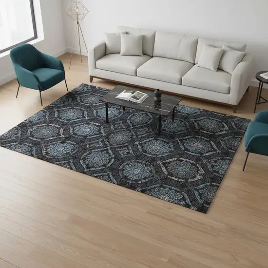 Blue And Charcoal Medallion Washable Area Rug With UV Protection Photo 2
