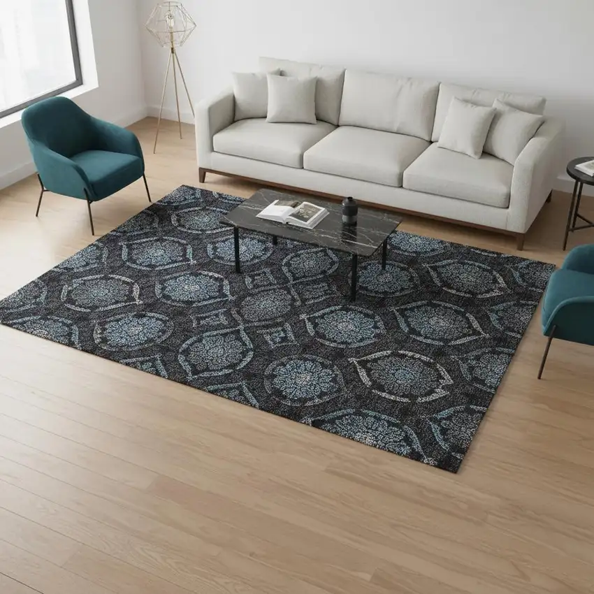 Blue And Charcoal Medallion Washable Area Rug With UV Protection Photo 2