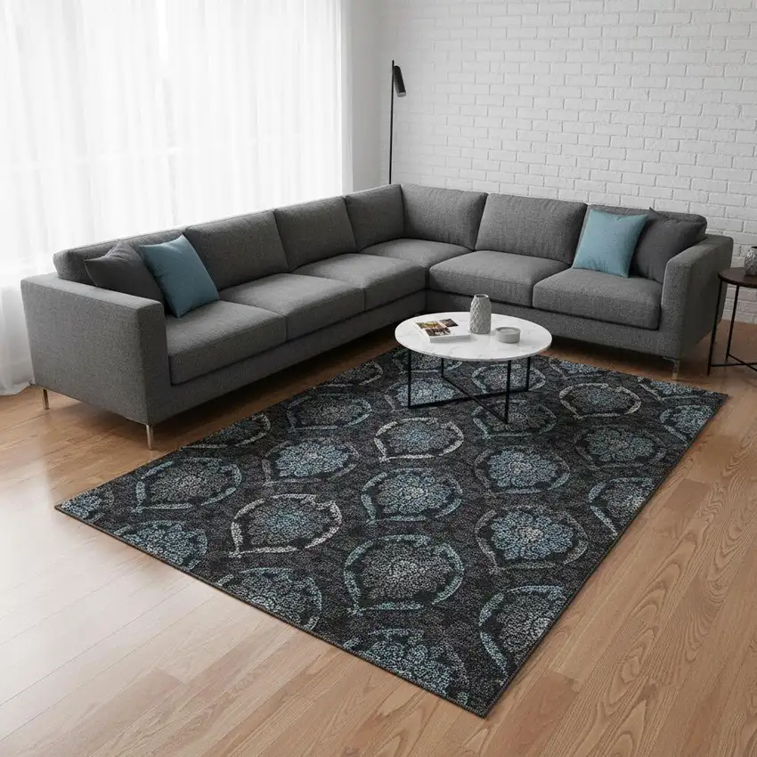 Blue And Charcoal Medallion Washable Area Rug With UV Protection Photo 2