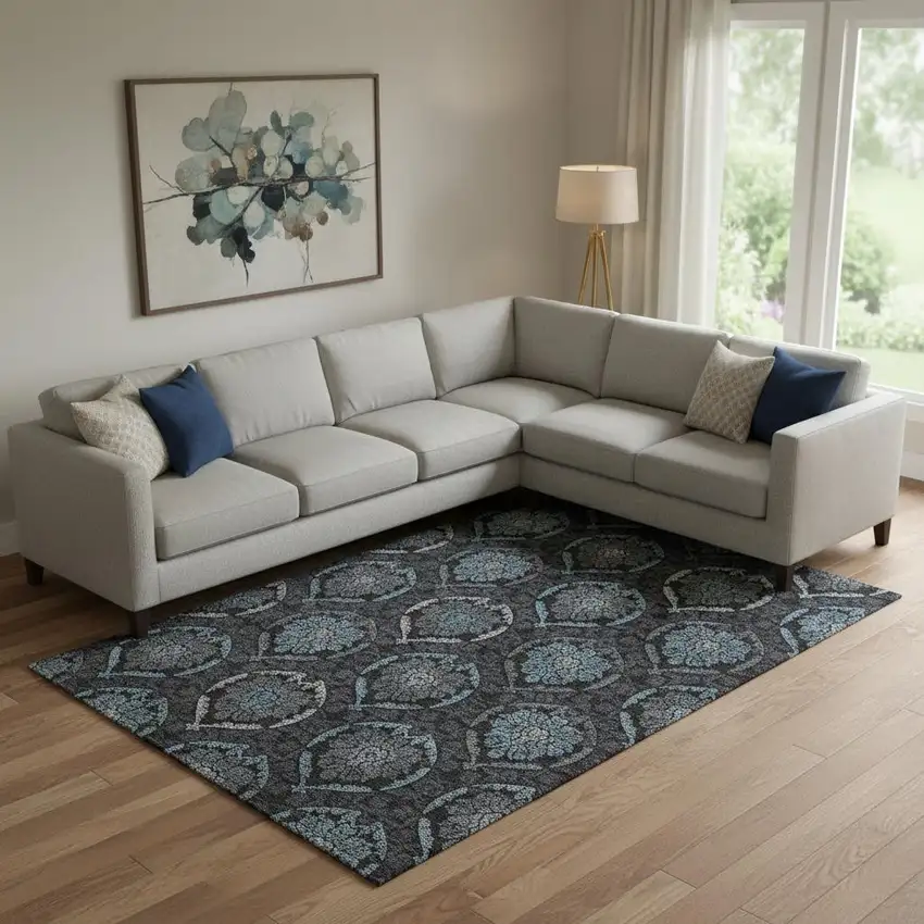 Blue And Charcoal Medallion Washable Area Rug With UV Protection Photo 1