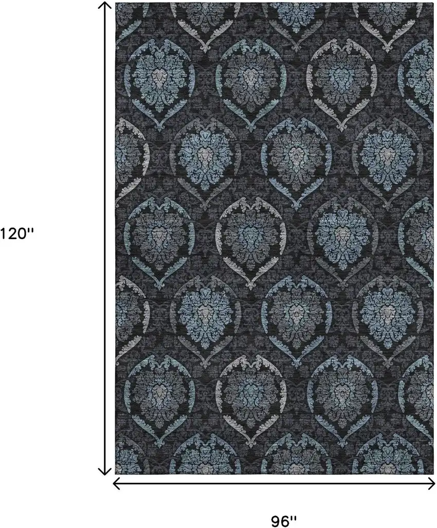 Blue And Charcoal Medallion Washable Area Rug With UV Protection Photo 3