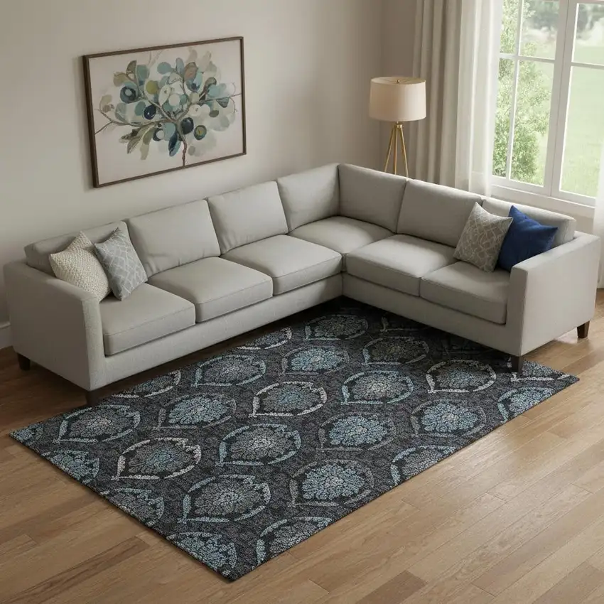 Blue And Charcoal Medallion Washable Area Rug With UV Protection Photo 1