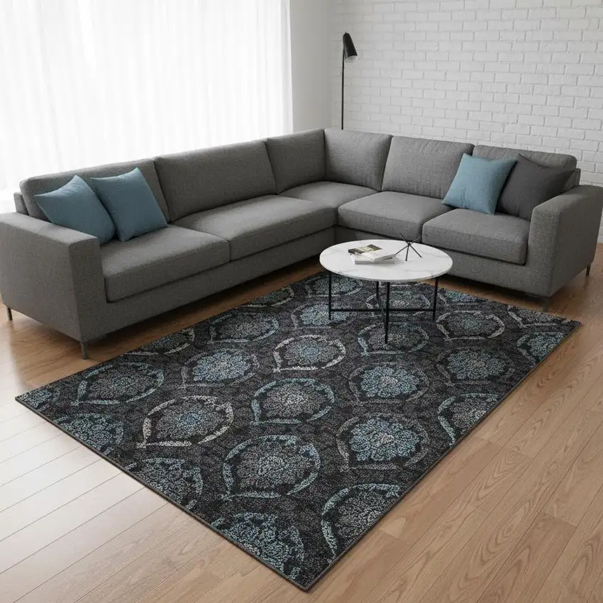 Blue And Charcoal Medallion Washable Area Rug With UV Protection Photo 2