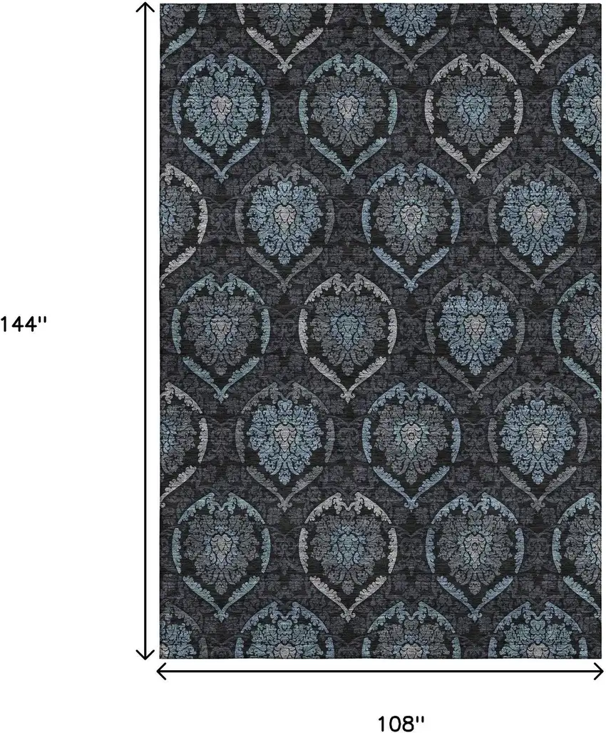 Blue And Charcoal Medallion Washable Area Rug With UV Protection Photo 3