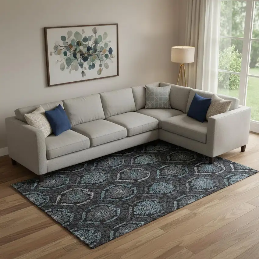 Blue And Charcoal Medallion Washable Area Rug With UV Protection Photo 1